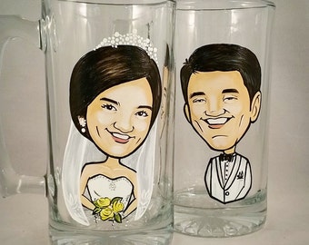 Set of 2 - Custom Bride and Groom Toasting Glasses -  The Original Caricature Glasses (tm) - Hand Painted Beer Mugs