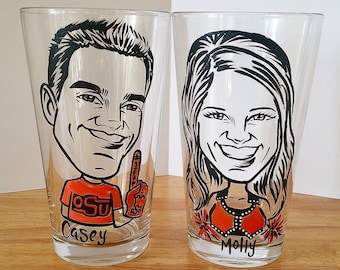 Set of 2 Custom Wedding Toasting Glasses - Bride and Groom - Super Hero Vintage Style Original Caricature Hand Painted Wine Glasses