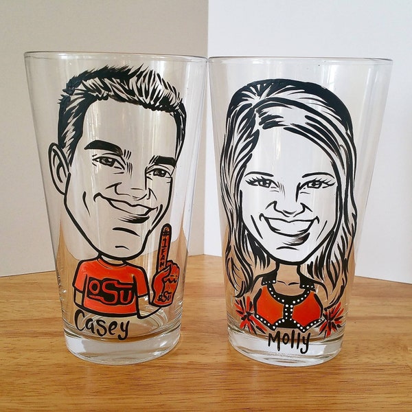 Set of 2 Custom Wedding Toasting Glasses - Bride and Groom - Super Hero Vintage Style Original Caricature Hand Painted Wine Glasses