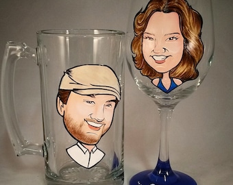 Bride and Groom Toasting Glasses - Fun - The Original Caricature Wine Glasses (tm) - Hand Painted  Wine Glasses