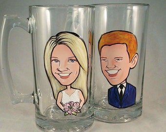 Set of 2 Bride and Groom Toasting Glasses -  The Original Caricature Glasses (tm) - Hand Painted Beer Mugs