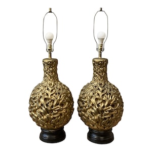 Vintage 1970s Gold Gilt Huge Lamps - a Pair
