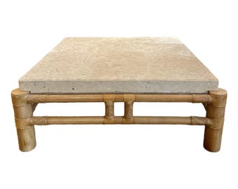 1980s Vintage in the Manner of Henredon Travertine and Bamboo Coffee Table