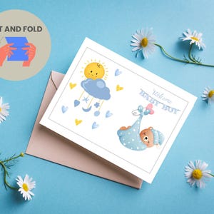 Cartão de boas-vindas para bebê menino - Download DIGITAL - Cartão de boas-vindas para bebê menino para impressão - Cartão simples para bebê para impressão.