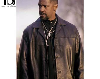 Men's Training Real Day Denzel Black Washington Jacket - Black Genuine Leather Coat - Handmade Celebrity Real Leather Coat Jacket