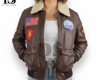 Damska skórzana kurtka typu bomber G1 z plakietkami kolekcjonerskimi - Prawdziwa skórzana kurtka typu bomber Aviator - Damska ręcznie robiona skórzana kurtka typu bomber B3 Aviator