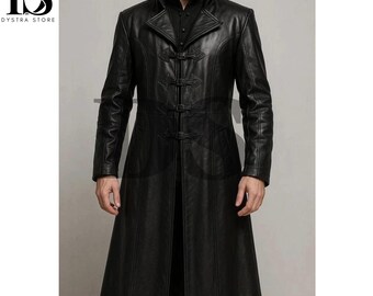 Black Gothic Steampunk Vampire Long Coat - Genuine Leather Gothic Coat - Cosplay & Halloween Costume - Black Leather Long Steampunk Coat