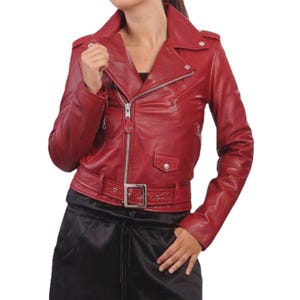 Handmade Women&#39;s Red Leather Jacket - Notch Lapel Asymmetrical Jacket For Women - Real Leather - Genuine Leather Biker Motorcycle Jacket