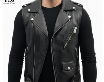 Mens Black Real Leather Vest - Black Biker Motorcycle Vest - Gift For Him