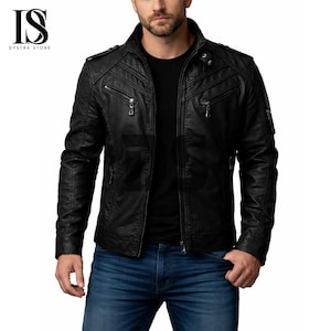 Men’s Black Genuine Leather Café Racer Jacket - Classic Quilted Diamond Cafe Racer Biker Jacket - Y2k Style Slim Fit Biker Style Moto Jacket
