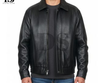 Mens Black Real Leather Jacket - Classic American Style Bomber Jacket - Black Shirt Style Winter Jacket For Men