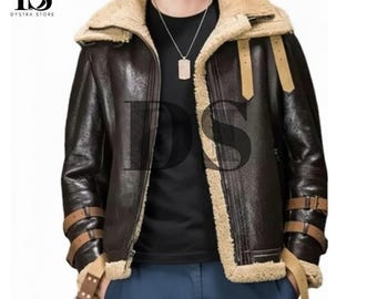 Men's B3 RAF Aviator Bomber Jacket - Brown Shearling Leather Pilot Flying Coat - Genuine Leather Brown Bomber Winter Jacket