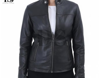 Women's Black Leather Jacket - Genuine Leather Moto Jacket Classic Slim Fit Biker Coat - Gift For Her