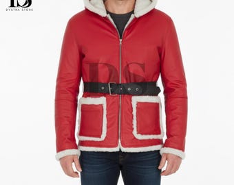 ハンドメイドの赤いレザーサンタコート：クリスマスフェイクファー 