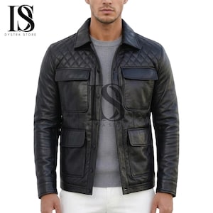 Men's Black Genuine Leather Quilted Jacket - Handmade Multi Pocket Safari Shirt Jacket - Casual Leather Utility Leather Outerwear Overshirt
