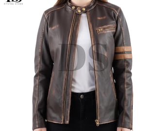 Damen Braun Vintage Lederjacke - Echtleder Braun Vintage Cafe Racer Jacke - Distressed Braune Lederjacke