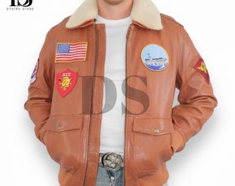 Chaqueta bomber de cuero G1 para hombre con insignias de coleccionista - Chaqueta bomber de aviador de cuero auténtico - Chaqueta bomber de aviador B3 de cuero hecha a mano para hombre