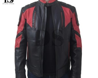 Chaqueta de motociclista de cuero auténtico rojo y negro hecha a mano: cosplay de motocicleta para hombre