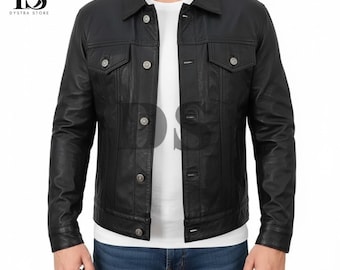 Men’s Real Leather Trucker Jacket  - Black Vintage Shirt Style Fashion Coat - Handmade Black Trucker Leather Jacket For Men