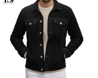 Men’s Black Suede Leather Trucker Jacket - Vintage Western Trucker Coat - Handmade Black Suede Leather Jacket For Men