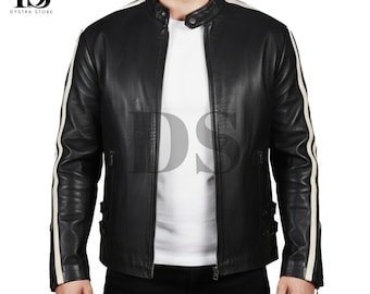 Men's Black Leather Biker Jacket with White Stripes - Classic Cafe Racer Style Jacket - Striped Moto Racer Jacket For Men Gift For Him