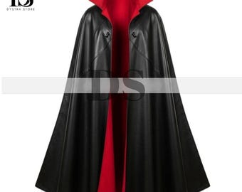 Gothic Black Genuine Leather Cape - Halloween Gothic Black Cloak - Handmade Real Leather Cosplay Costume Cape Cloak