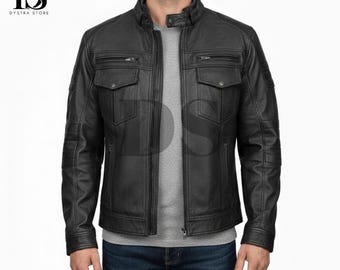 Jaqueta de couro legítimo preta feita à mão - Jaqueta masculina preta de couro legítimo Cafe Racer - Jaqueta preta Cafe Racer para homens