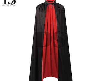 May include: A reversible black and red cape with a high collar and a tie closure. The cape is made of a smooth fabric and is designed to be worn over clothing. The cape is suitable for costume parties or theatrical performances.