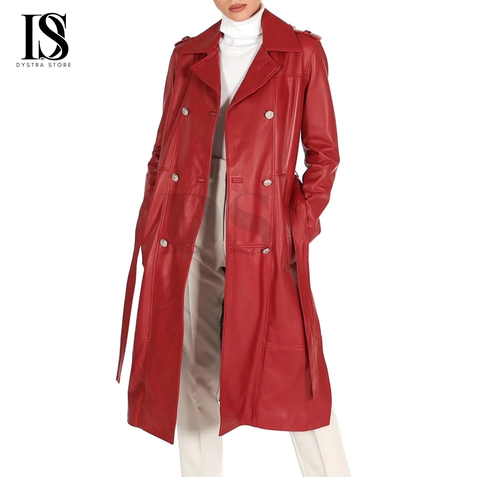 赤いダブルブレストロングコート Shiny leather double-breasted coat in Rosso Ancora red