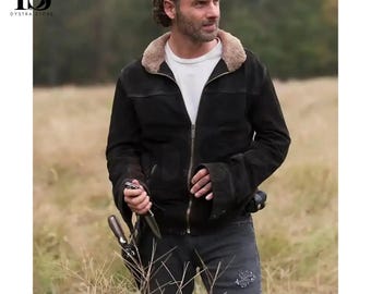Men's Rick Brown Grimes Season 5 Fur Shearling Collar Brown Suede Leather Jacket - Walking Real Dead Brown Jacket - Gift For Him