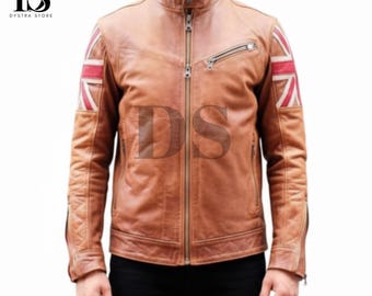 Chaqueta de cuero marrón estilo vintage con la bandera del Reino Unido, hecha a mano para hombre - Chaqueta de cuero Union Jack con la bandera del Reino Unido - Chaqueta de motociclista Cafe Racer con la bandera del Reino Unido