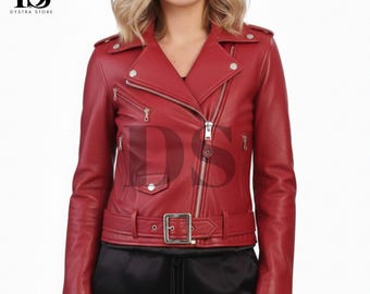Women’s Red Leather Biker Jacket - Slim-Fit Winter Jacket - Stylish Real Leather Jacket for Women