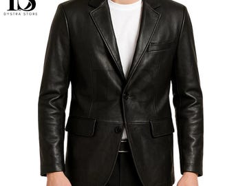 Men's Brown and Black Leather Blazer Jacket - Genuine Leather Formal Coat - Black Real Leather Blazer for Men