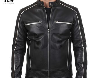 Mens Black Real Leather Jacket - Classic White Piping Cafe Racer Jacket - Black And White Leather Moto Jacket For Men