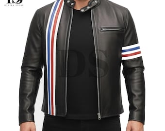 Men's Captain Real America Leather Jacket - Celebrity Black Real Leather Jacket - Striped Moto Racer Jacket