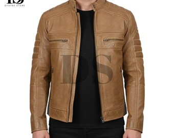 Mens Brown Real Leather Jacket - Cafe Racer Style Leather Jacket - Classic Genuine Motorcycle Rider Leather Jacket for Men Winter Biker Coat
