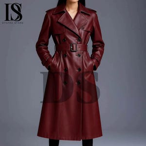 Burgundy Sheep Leather Trench Coat: Double-Breasted Belted Overcoat