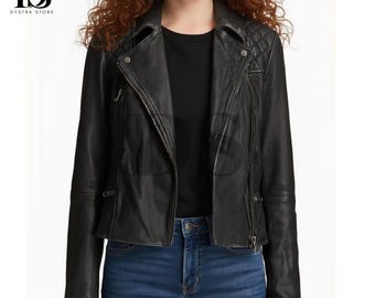 Women's Dex Real Parios Leather Jacket - Genuine Leather Black Biker Jacket - Diamond Quilted Style Jacket For Women