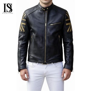 Black Cafe Racer Motorcycle Jacket with UK Flag Union Jack Patch - Genuine Black Motorcycle Streetwear Fashion Biker Coat Retro Gift for Him