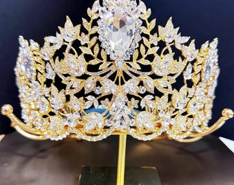 Gold Clear Rhinestone Princess Tiara With Comb, Handmade Bridal Wedding and Birthday Queen Crown