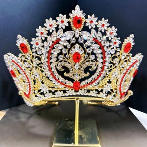 XL Size Gold Royal Red Rhinestone Tiara Queen Crown Wedding Tiara Gorgeous Gold Headband Birthday Gift Daily Accessories New Year Home Decor