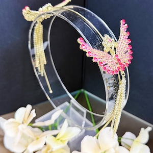 Diadema de alas rosas y doradas, diadema de ángel, diadema de boda, regalo de cumpleaños para ella, diadema de diamantes de imitación rosas, diadema de hadas, tocado de princesa