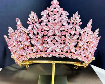 Gold Pink Rhinestone Princess Tiara, Sparkling Quinceanera Wedding Queen Crown With Gift Box