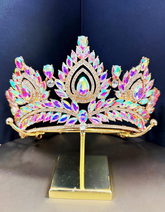 Gold Tiara with Pink and Blue Gemstones Luxurious Gold and Diamond Tiara with Pink and Blue  main image 2