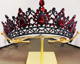 Black Handmade Wine Red Rhinestone Tiara Customize Color Wedding Gift for Her Black Queen Princess Tiara Crown Accessories Halloween Custom
