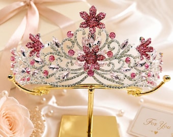 Pink Crystal Tiara Crown, Floral Rhinestone Princess Crown, Birthday Crown Gift, Bridal Shower Headpiece, Silver Pageant Hair Accessory