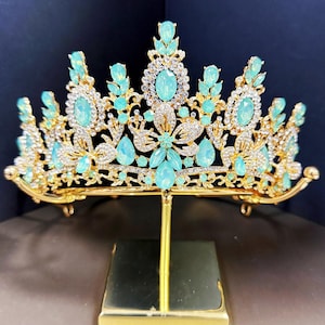 Tiara de boda con flores y diamantes de imitación de menta y oro, diadema de color personalizable, tiara verde para bebé, accesorios para el cabello, corona de princesa y reina para fiesta hecha a mano