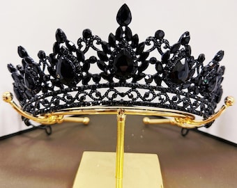 Black Rhinestone Tiara Crown, Bridal Wedding Headpiece, Halloween Dark Queen Crown