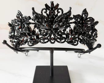 Black Gothic Butterfly Crown, Rhinestone Tiara for Halloween Costumes and Dark Weddings, Custom Color Crown