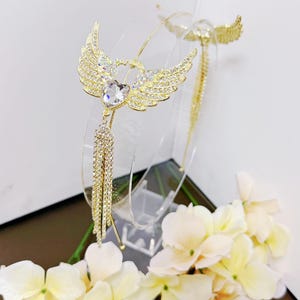 Diadema con alas de ángel dobles en oro AB, bonita diadema con forma de corazón para niñas, regalo de cumpleaños, diadema de hada con diamantes de imitación en oro AB, tiara de princesa